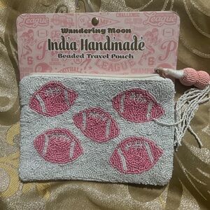 Wandering Moon Handmade football beaded travel pouch Pink Game Day NWT
